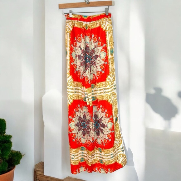 Minaa Monroe NEW Boho Print Satin High Waist Wide Leg Palazzo Pants S - Picture 3 of 10